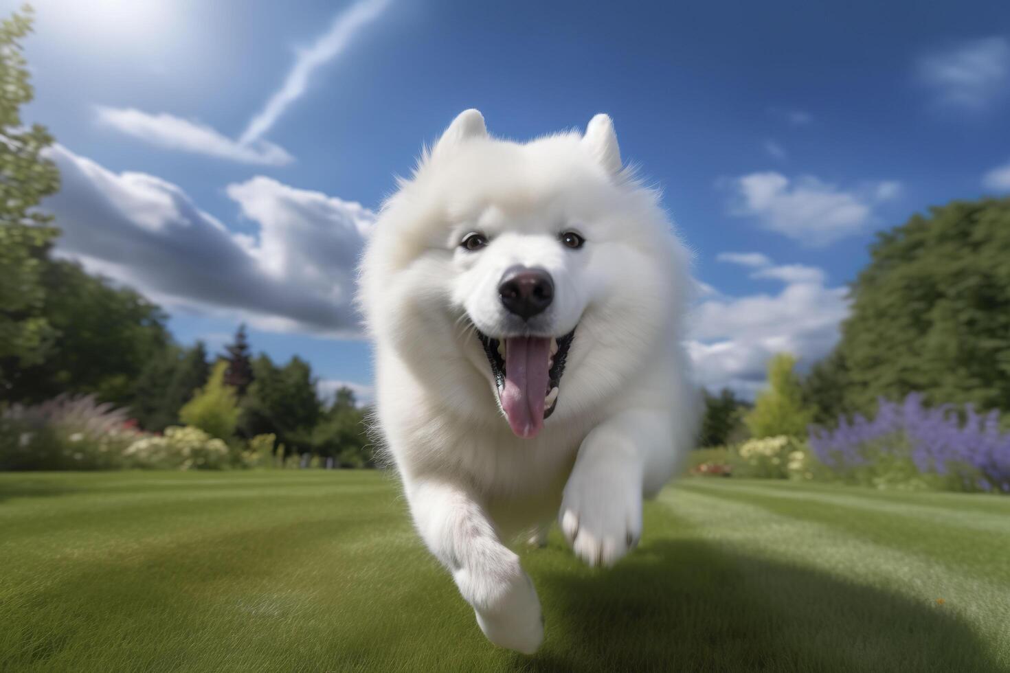 Cute samoyed puppy running through a field. . photo