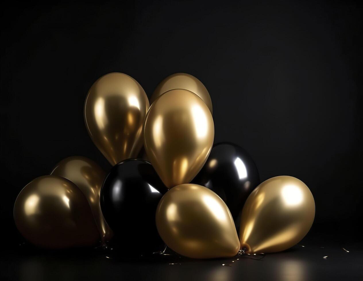 Festive background of black and golden balloons. . photo