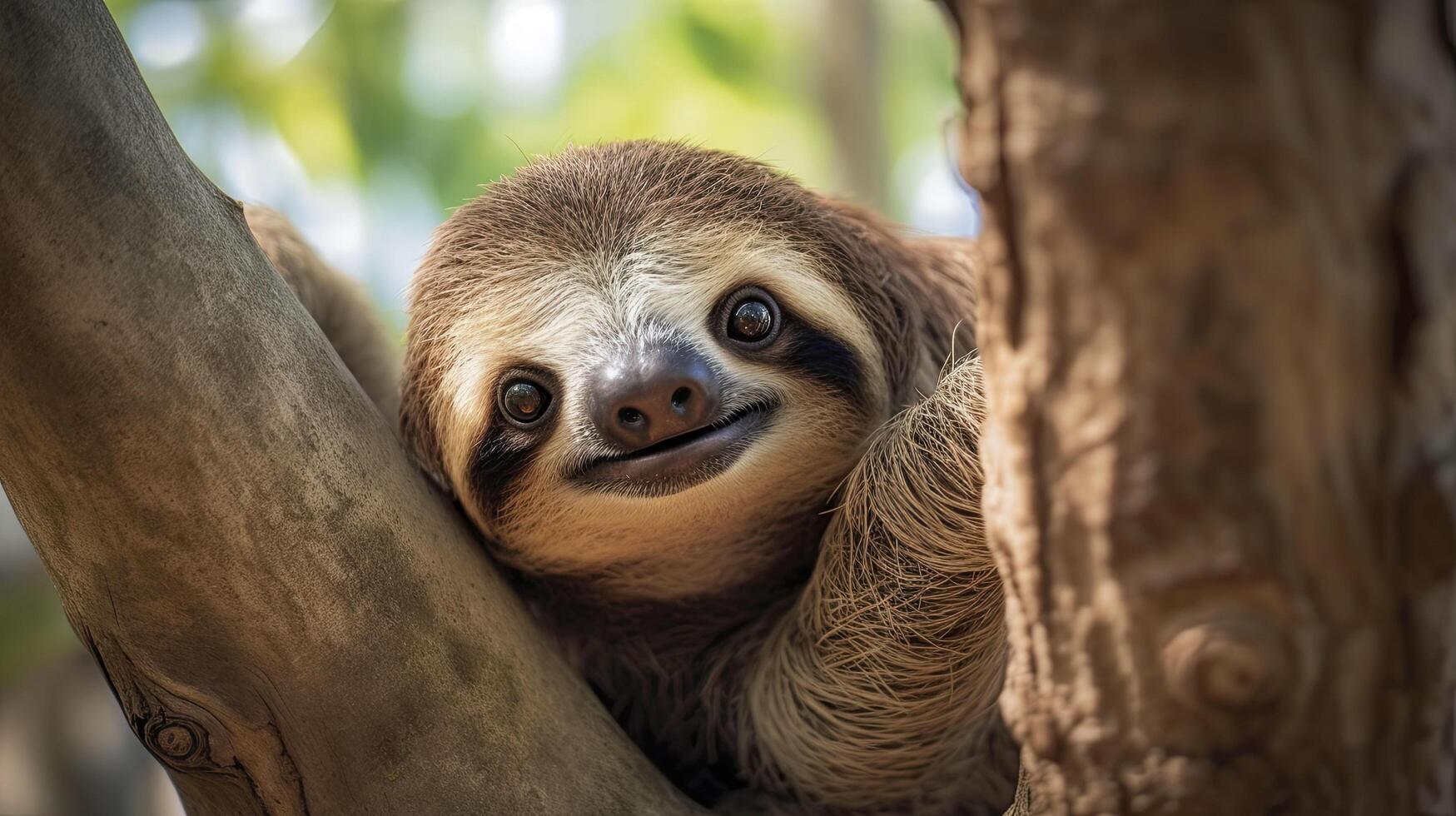 A cute sloth is hanging on a branch. . photo