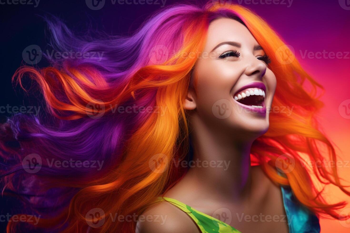 young woman with long hair in violet and orange color with photo