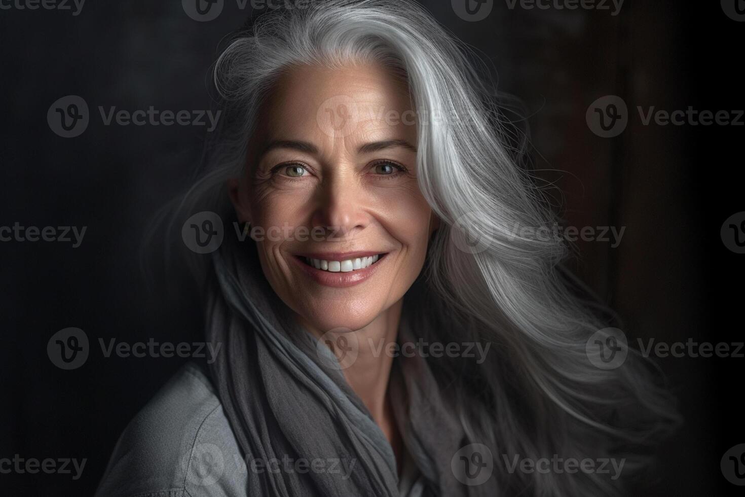 un contento joven mujer con gris pelo en el estilo de suave y pulido con generativo ai foto