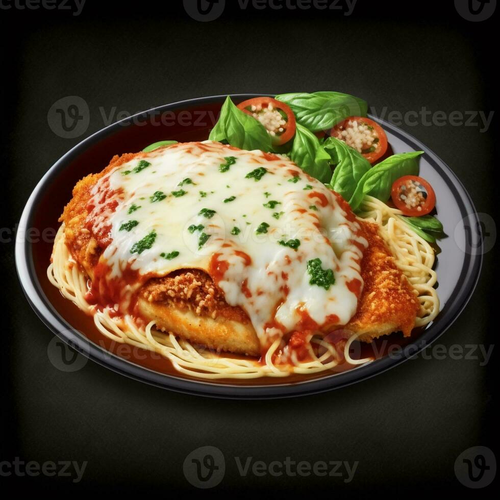 pollo parmesano es un popular Italo-americano plato hecho con empanizado pollo, tomate salsa, y Derretido queso. hecho por ai foto