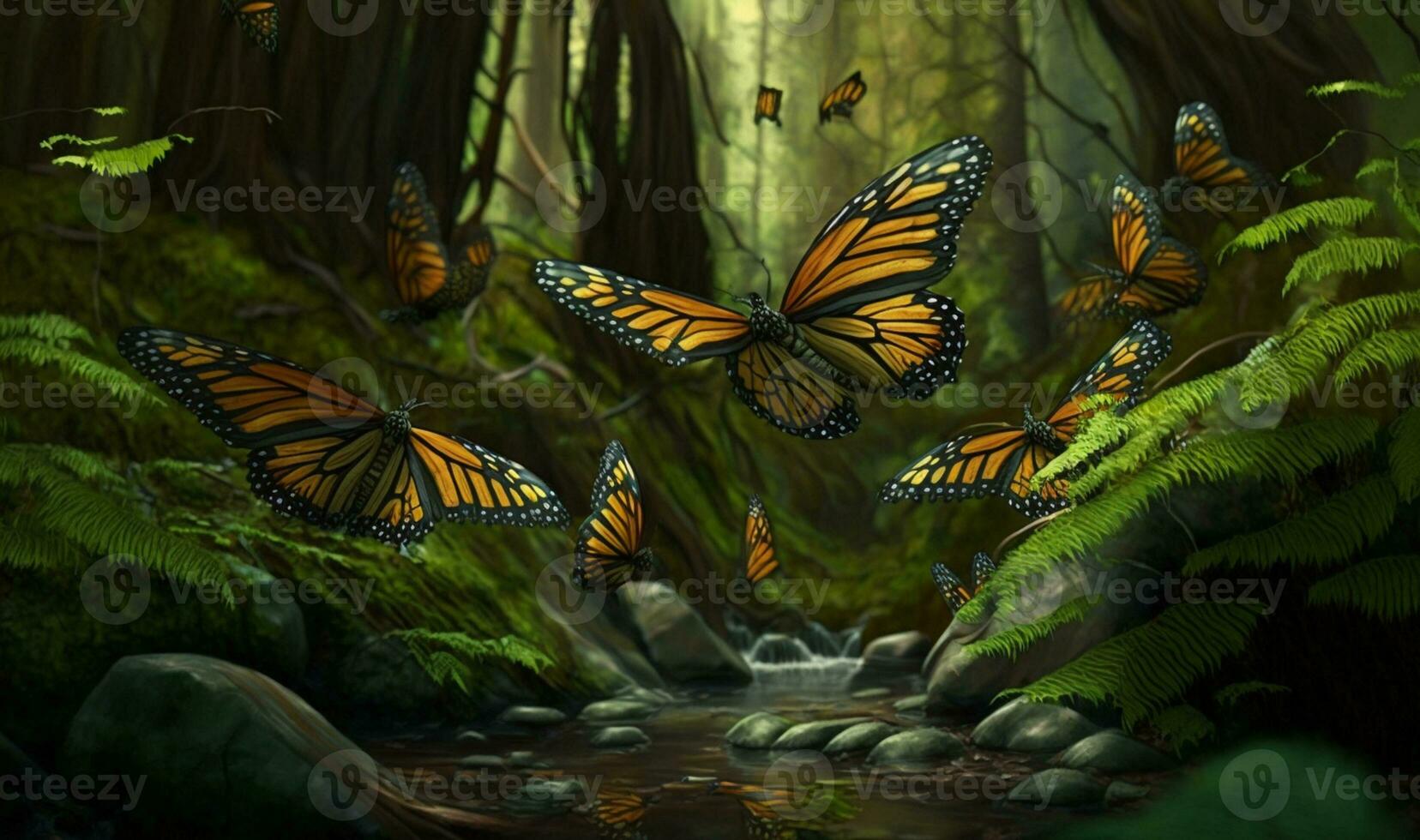A swarm of butterflies migrating through a forest. Generated by AI photo