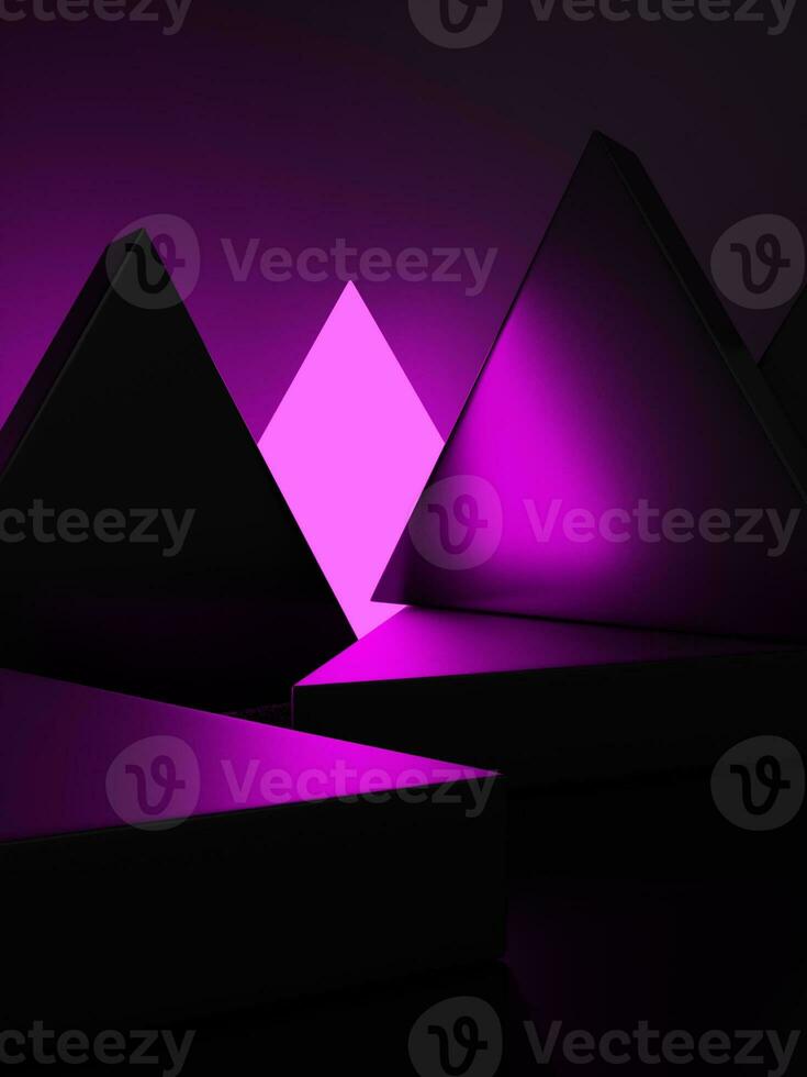 3D Rendering Dark and Neon Light Geometric or Abstract Shape Acrylic Glass Triangles Product Display Background for Electronic Products. photo