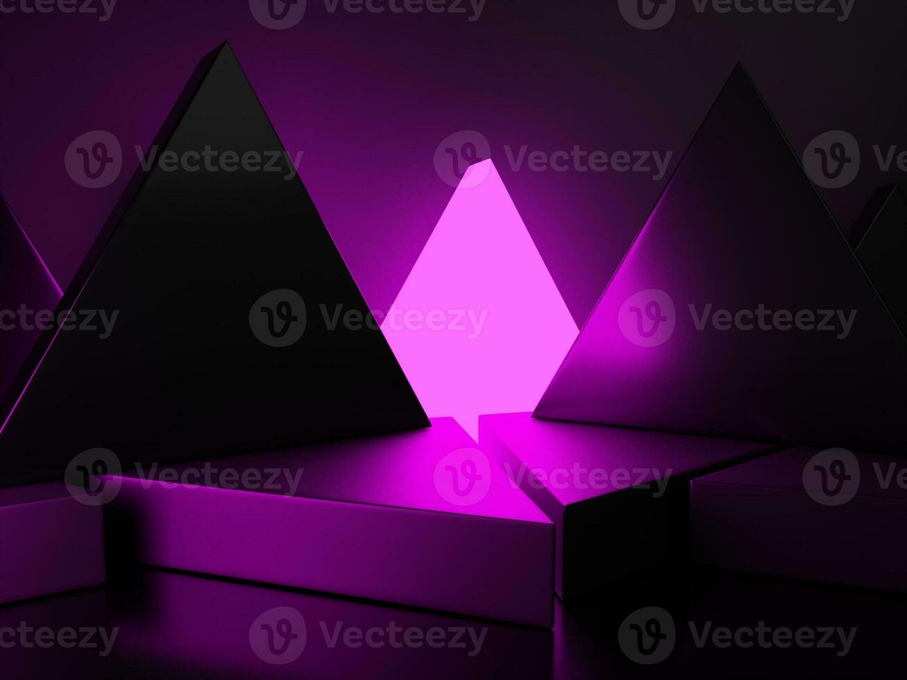 3D Rendering Dark and Neon Light Geometric or Abstract Shape Acrylic Glass Triangles Product Display Background for Electronic Products. photo