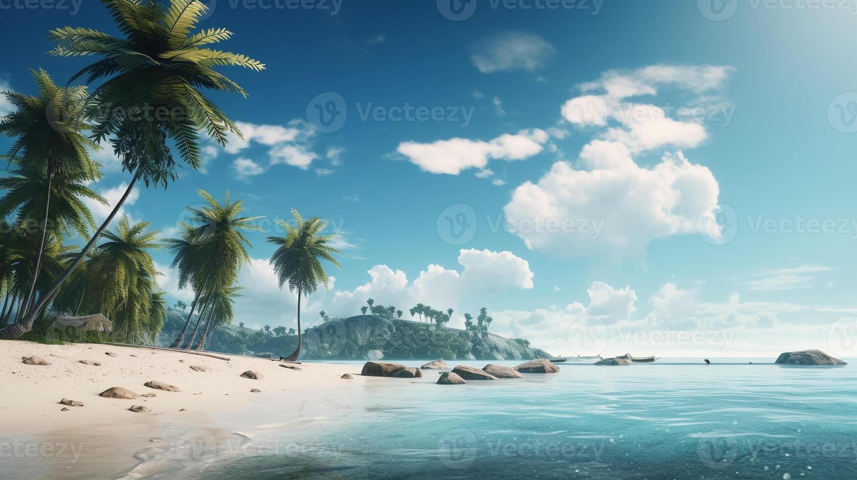 A beach with palm trees on it and the sky is blue and the sun is shining. photo