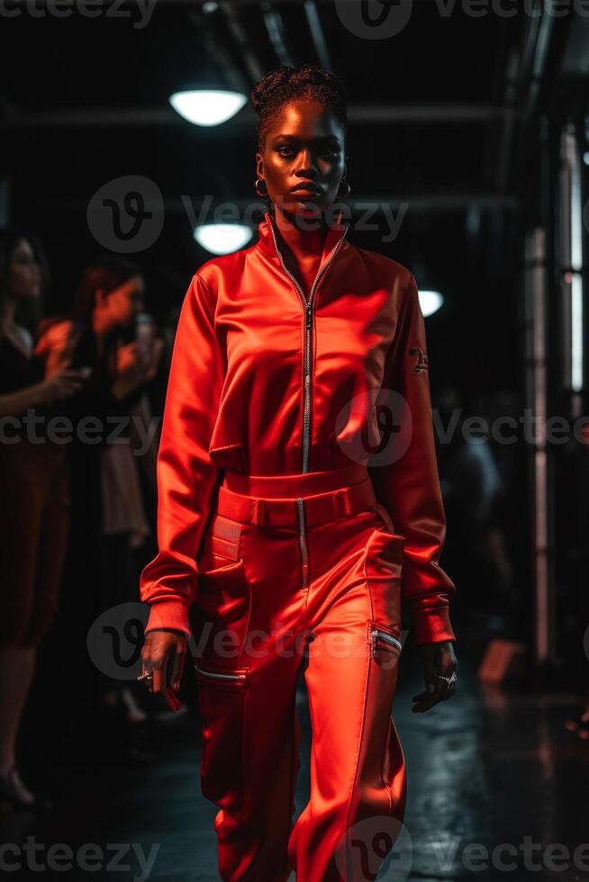 A model walks on a runway wearing a red jacket with the word'emporio'on the front. photo