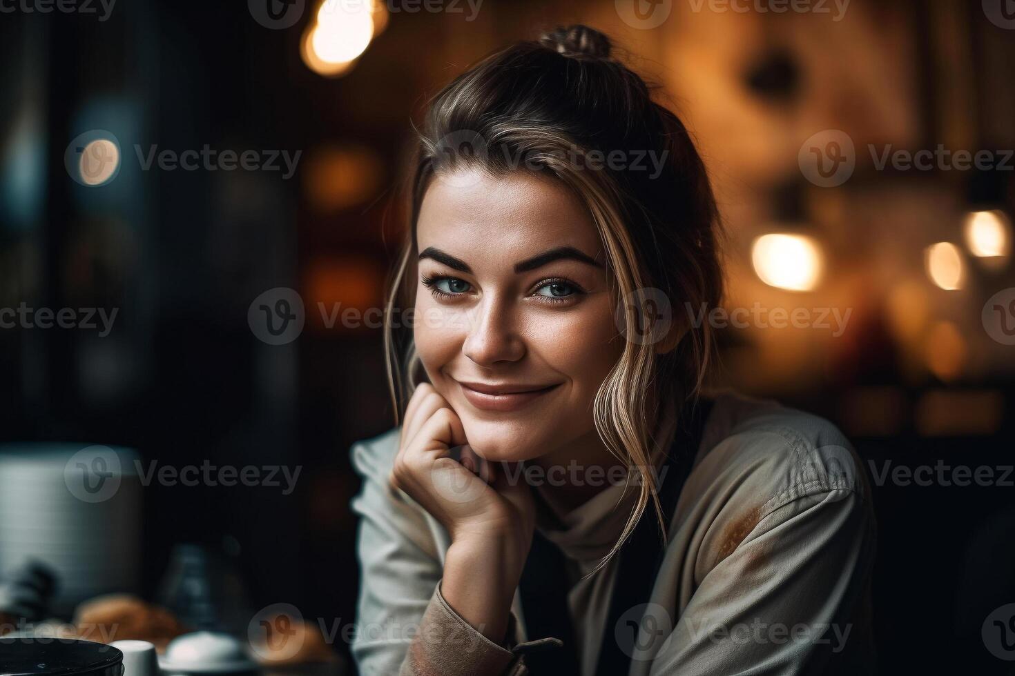 un mujer se sienta en un café y sonrisas a el cámara. ai generado foto