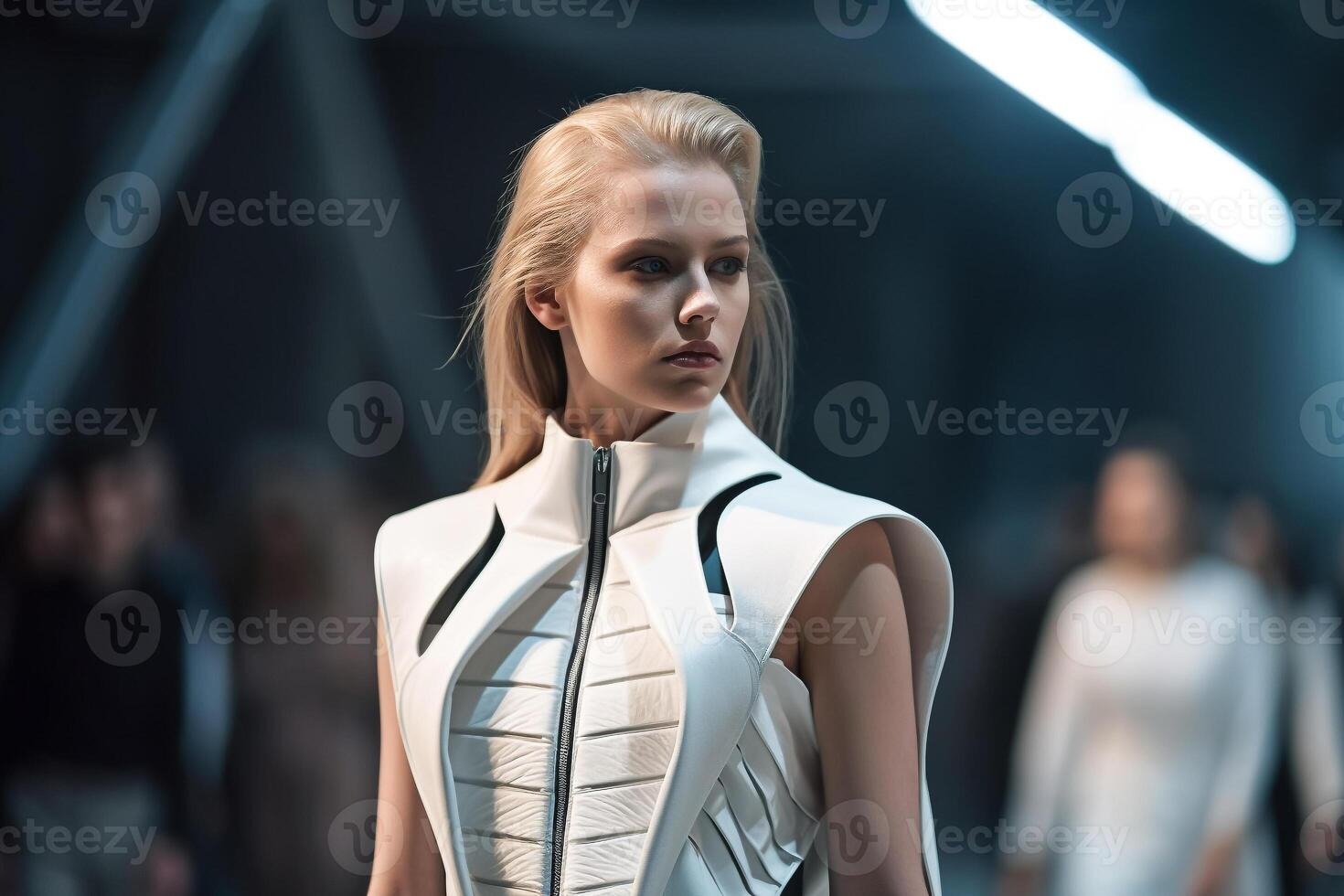 A young woman with blond hair confidently struts down the runway in a stylish spring ensemble at a fashion show. photo