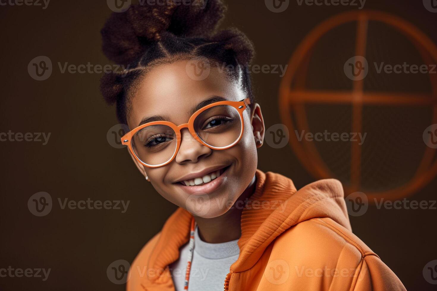A girl wearing orange glasses stands in front of a dark background. photo