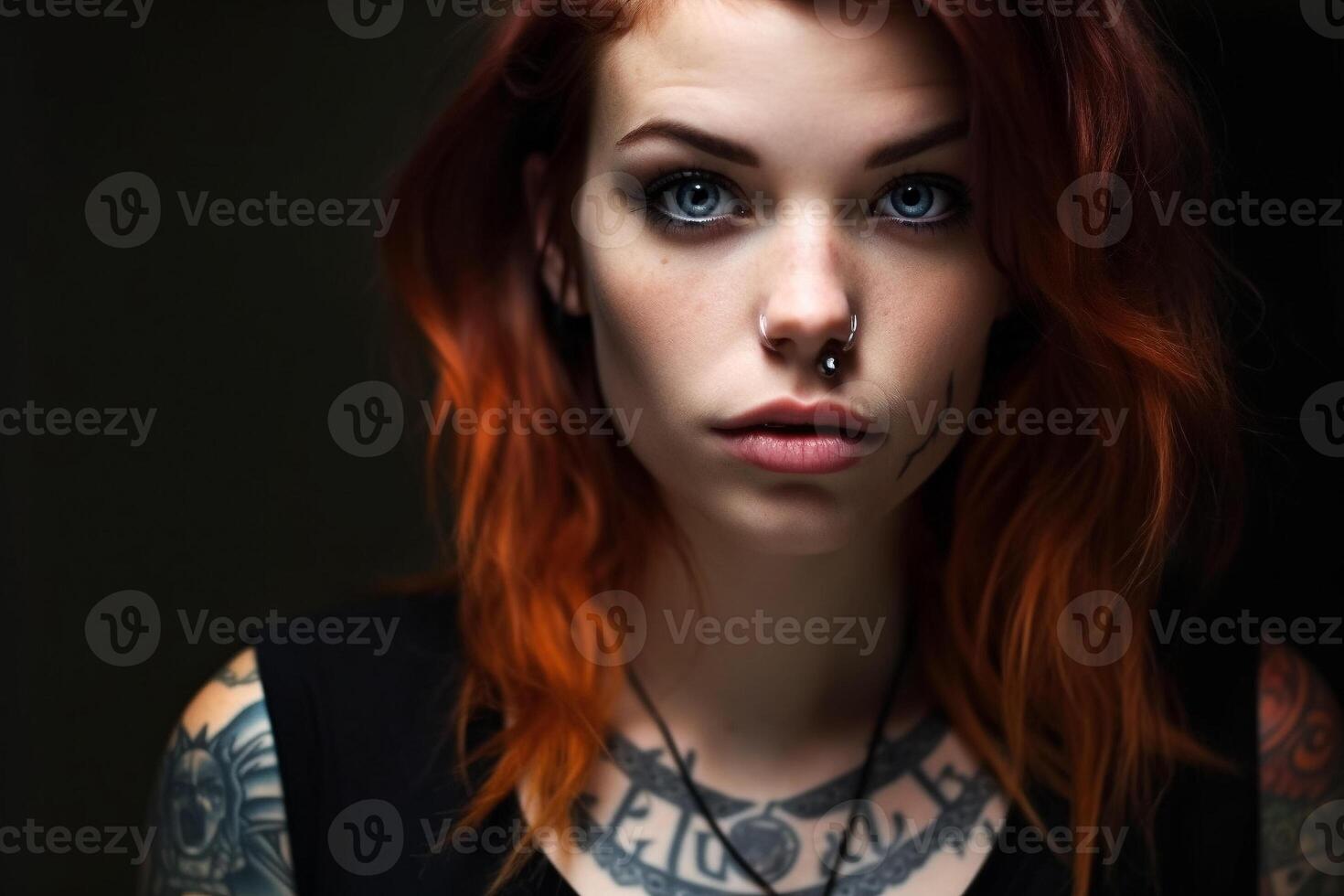 A woman with tattoos on her face looks into the camera. photo