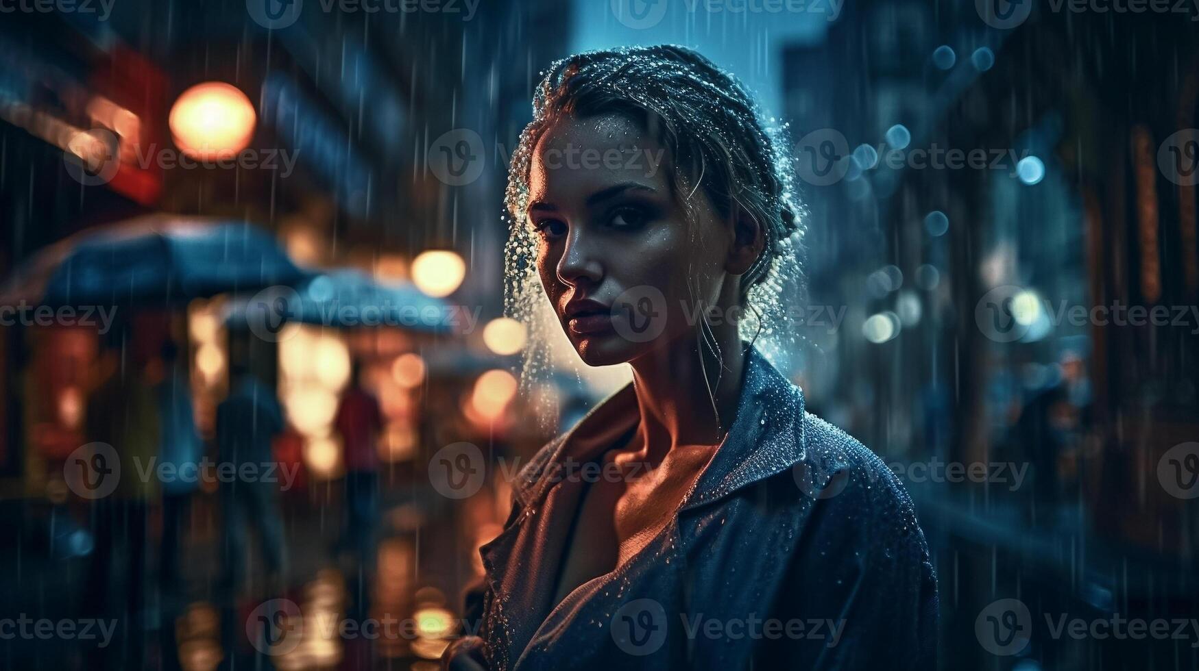 A woman stands in the rain in front of a street light. photo