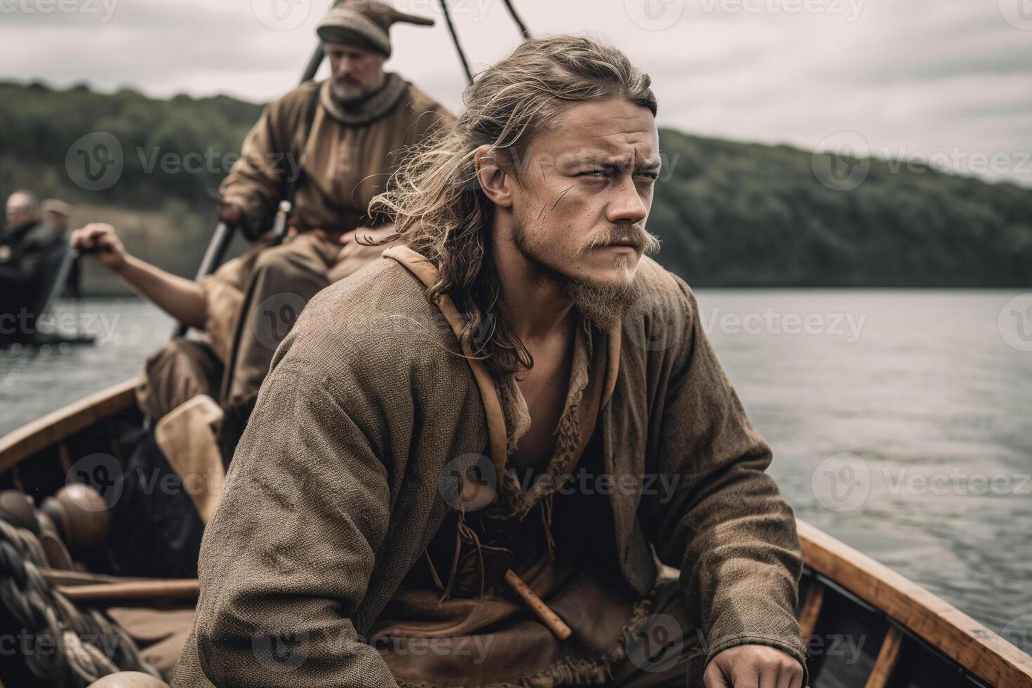 A man in a boat with long hair and a long beard sits in a boat. photo