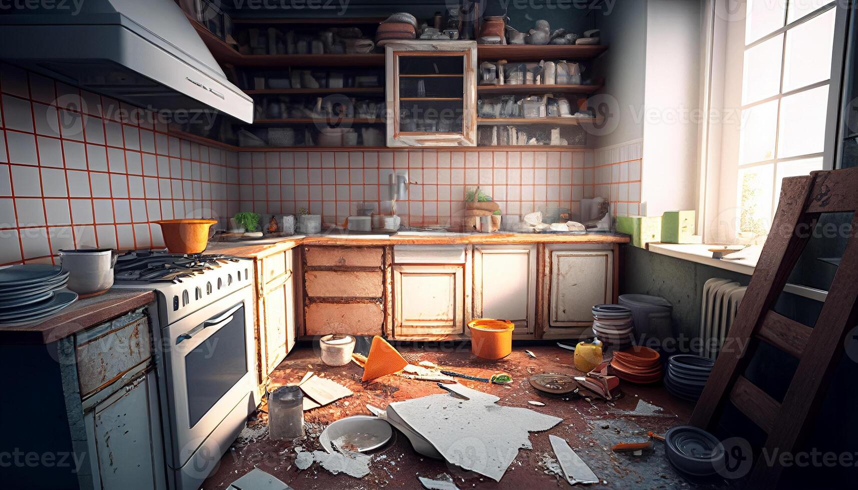 messy kitchen. ai generated photo