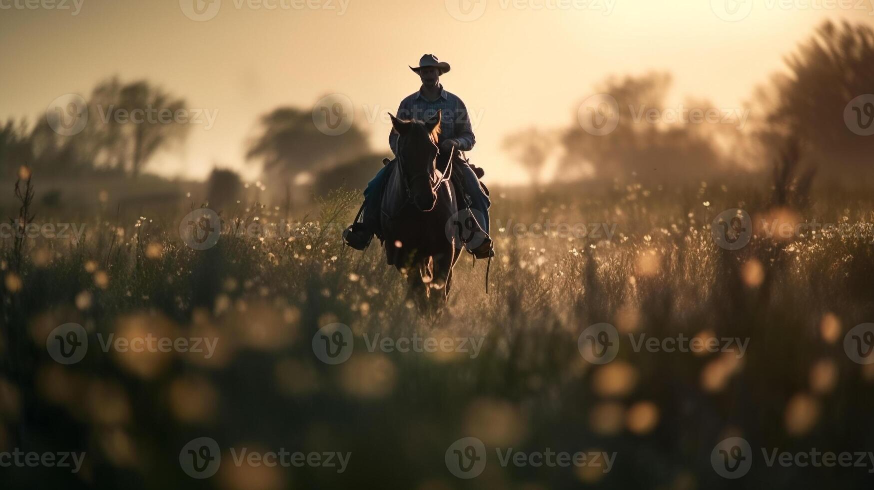 A cowboy rides a horse through a field of flowers. photo