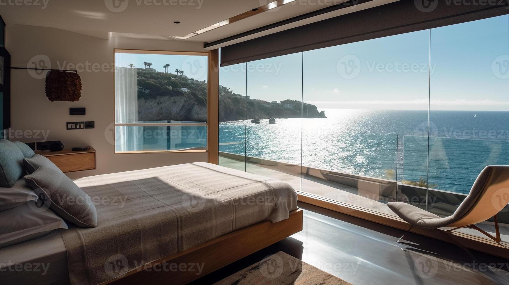 A bedroom with a view of the ocean. photo