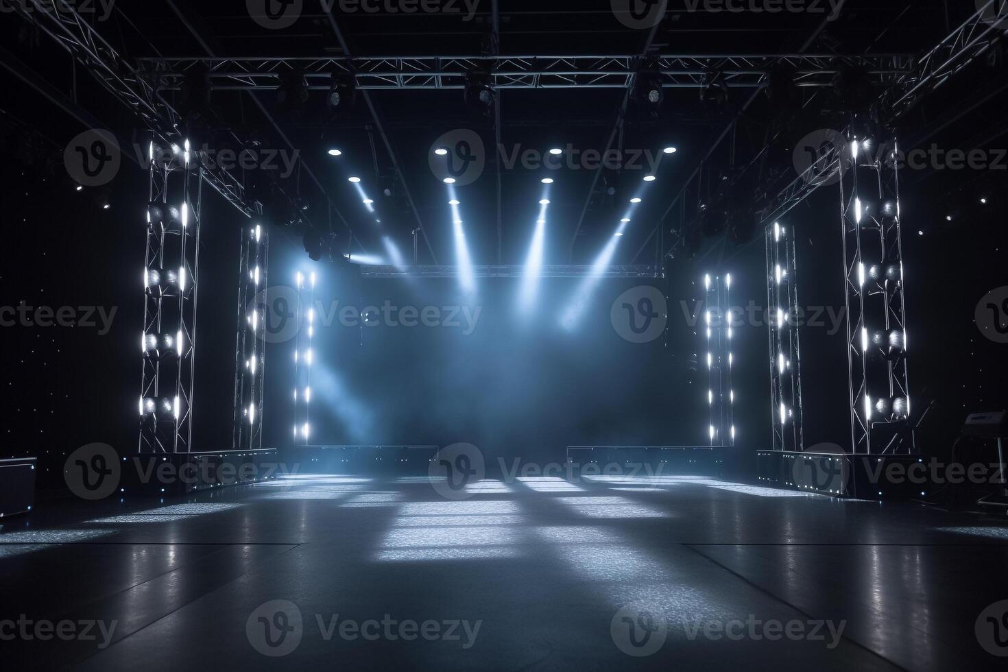 A large stage with lights on it and a black background. photo