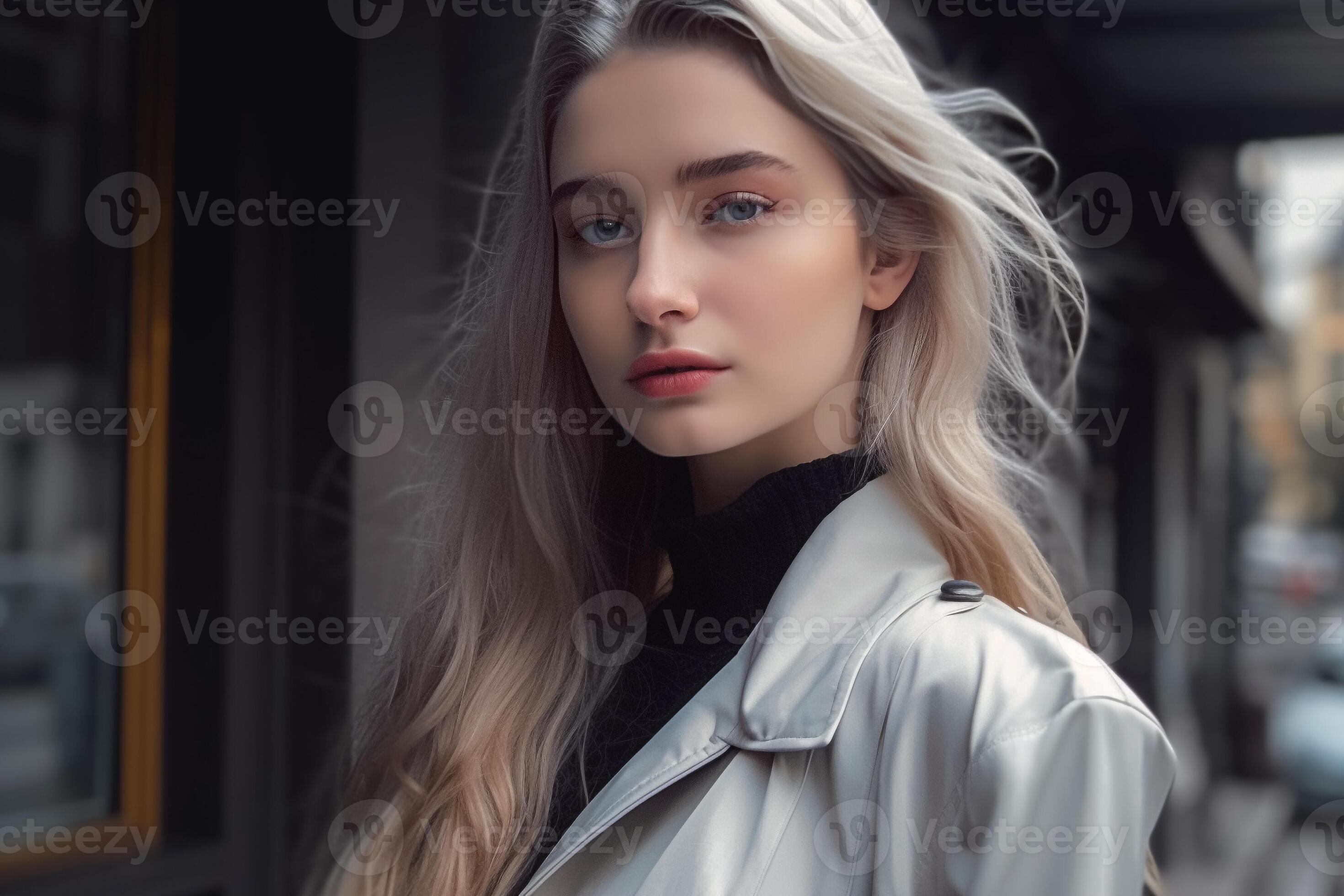 A woman with blonde hair and a black turtleneck. Ai Generated 23993952