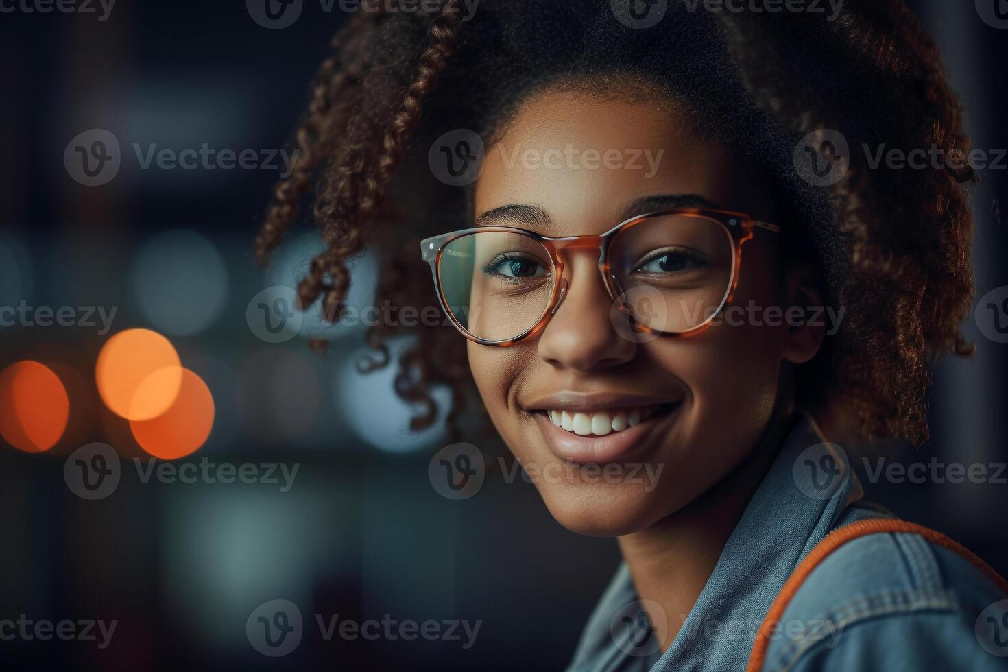 A woman wearing glasses smiles at the camera. photo