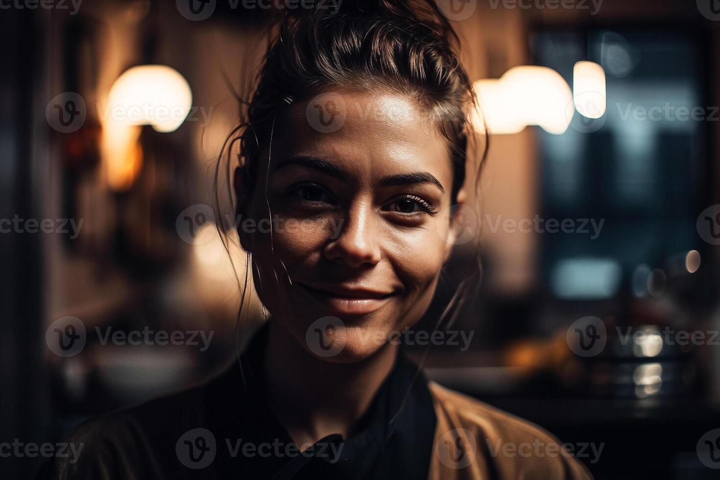 A woman smiles at the camera with a blurry background. photo