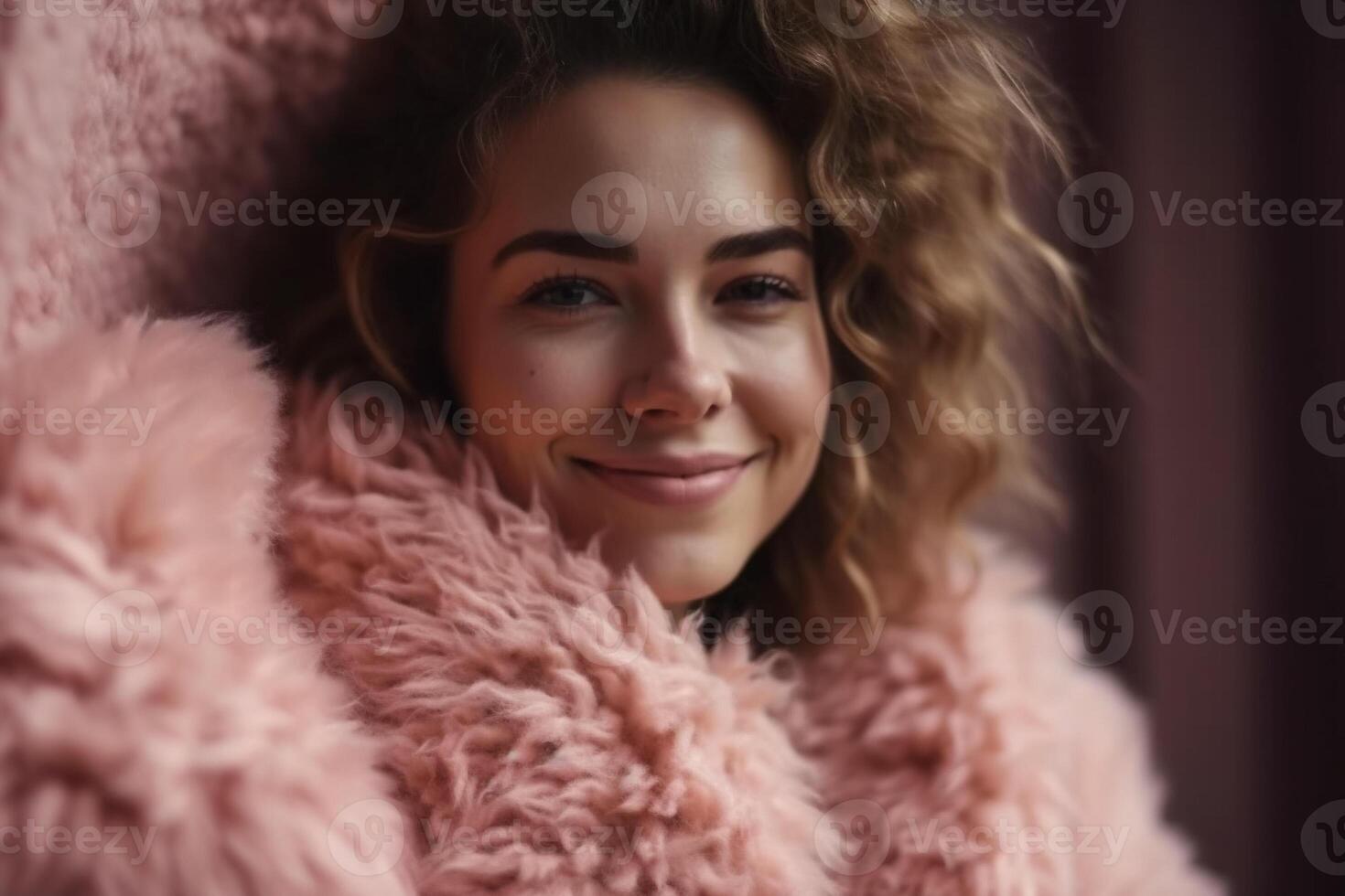 A woman in a pink fur coat smiles at the camera. photo
