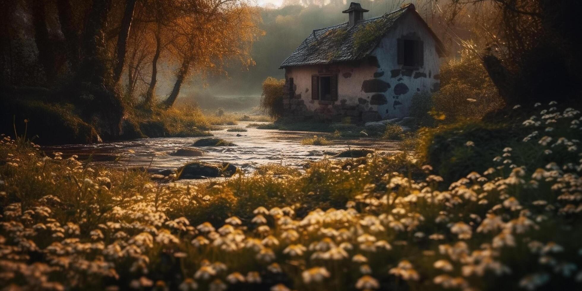 un casa en un campo de flores ai generado foto