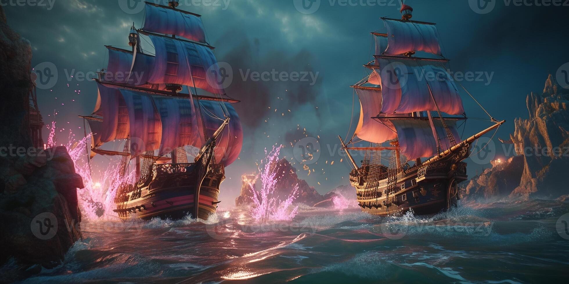 Two ships in the ocean with the word pirate on the left. photo