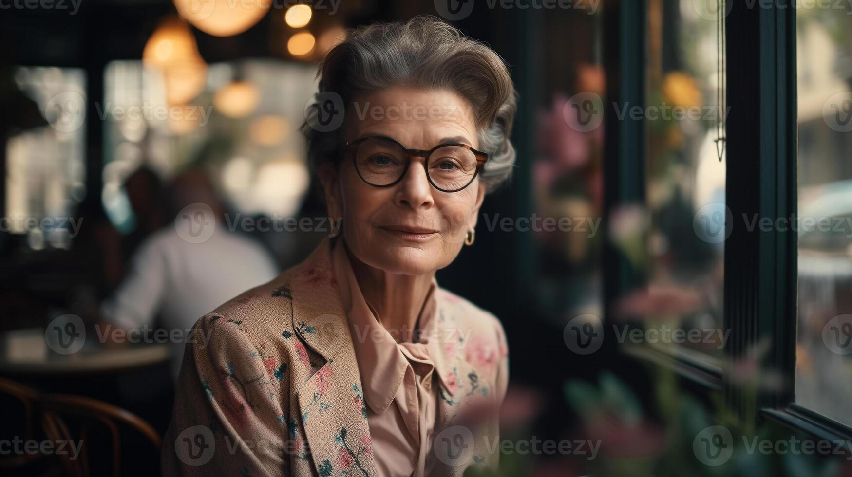 A woman wearing glasses and a floral jacket stands in a cafe. photo
