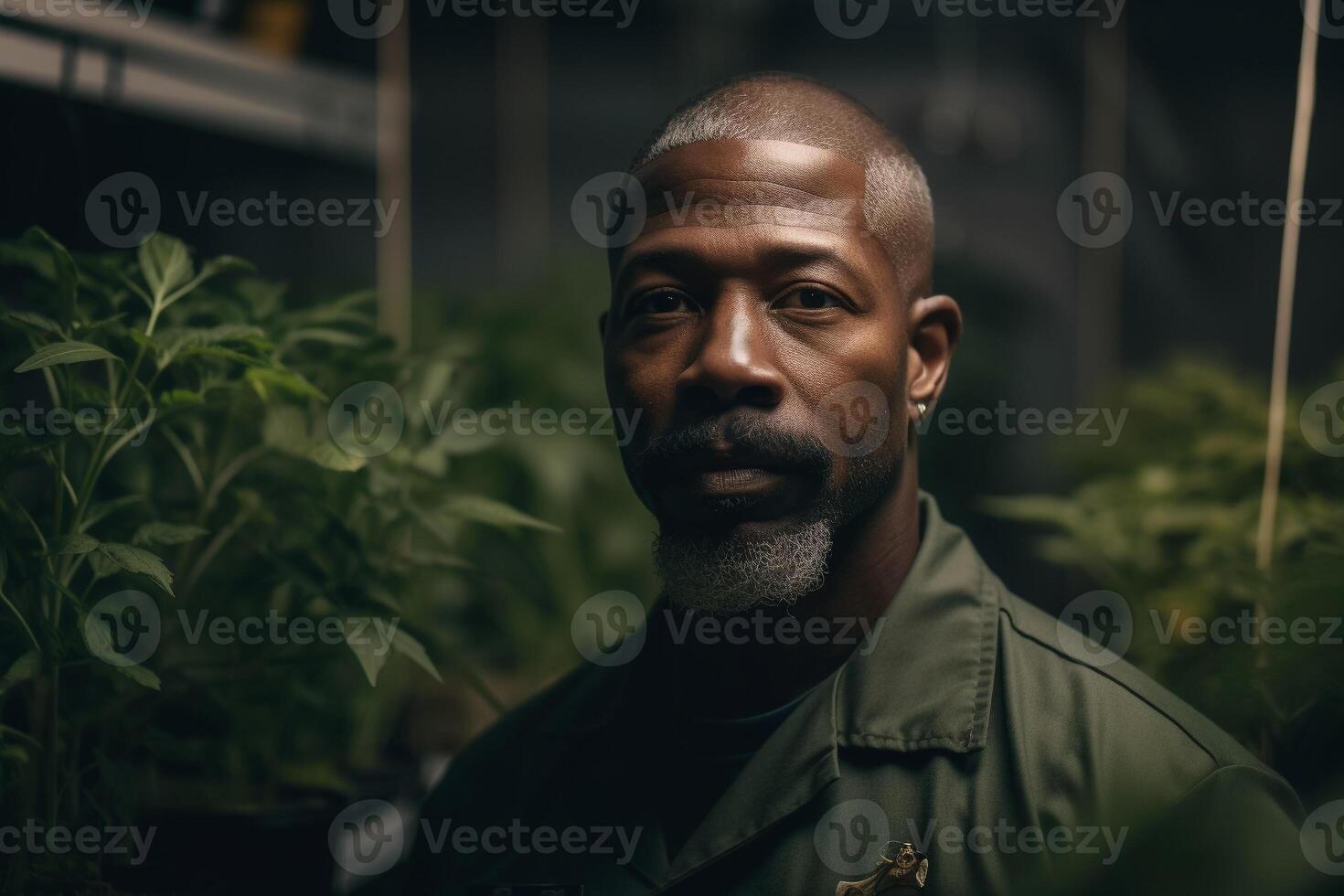 A man stands in front of plants in a greenhouse. photo