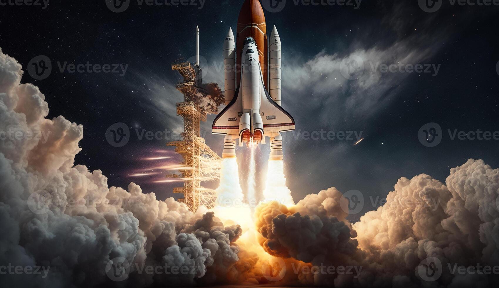 A space shuttle taking off with a cloud of smoke behind it. photo