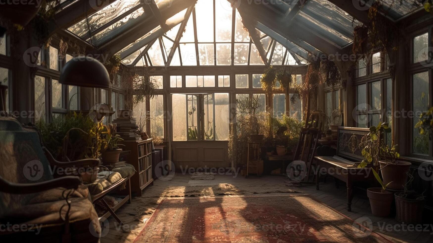 A greenhouse with a view of the sun shining through the window. photo