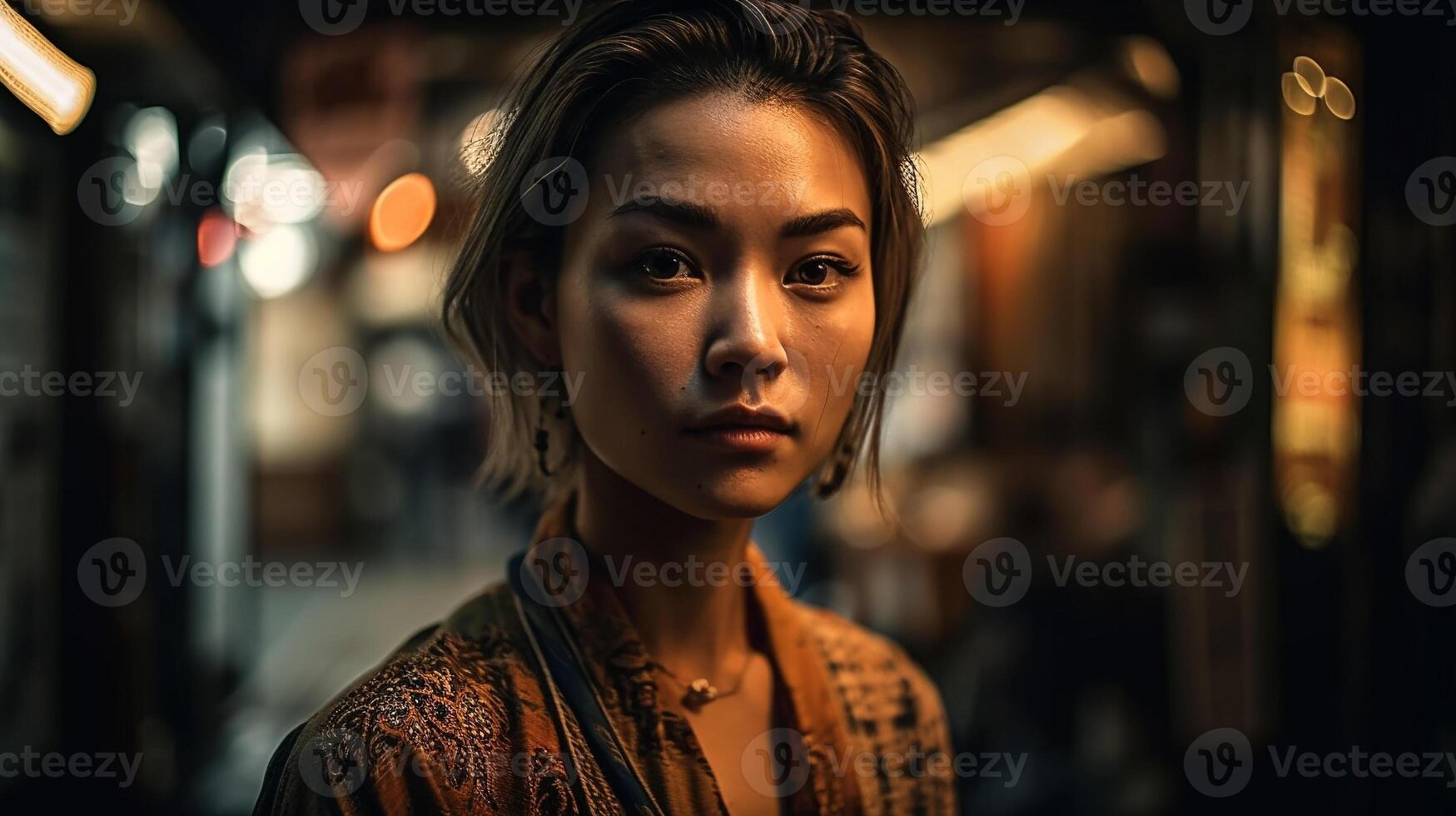 A woman stands in a street in front of a blurry background. photo