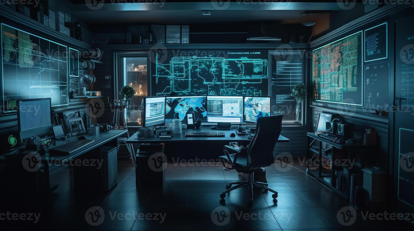 A dark room with a desk and two monitors with the words game code on the top right. photo