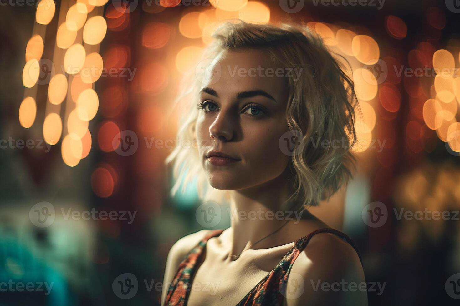 A woman with blonde hair stands in front of a blurred background of lights. photo
