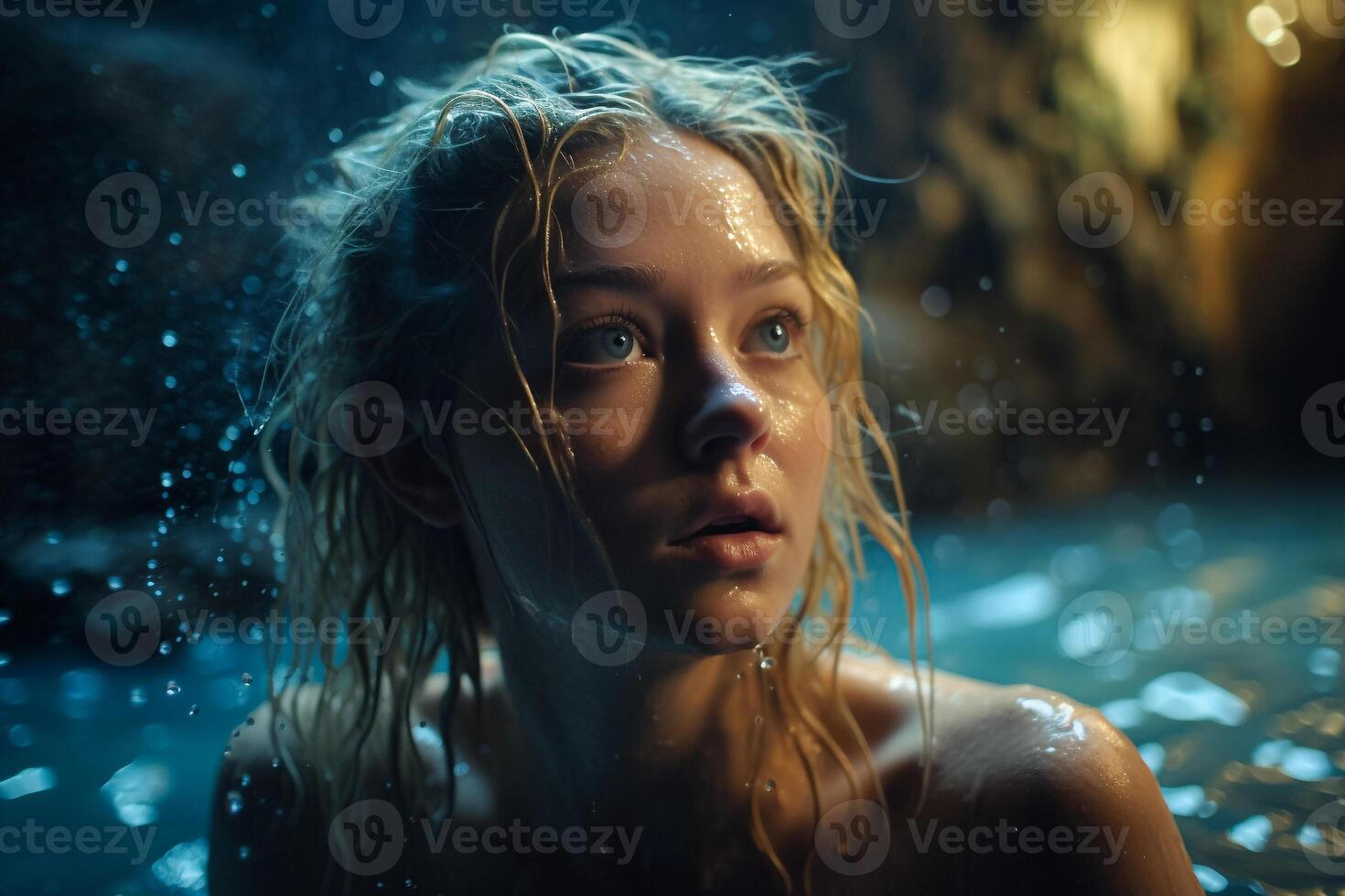 A portrait of a woman with long wet hair, standing in water up to her shoulders. She is wearing a swimsuit and looking directly at the camera. photo