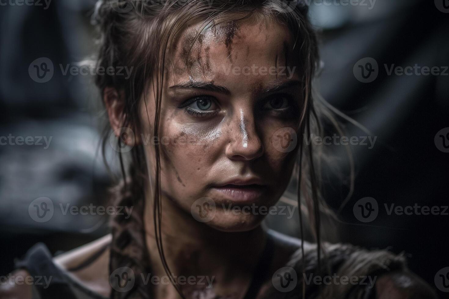 A woman with a dirty face and a dark background. photo