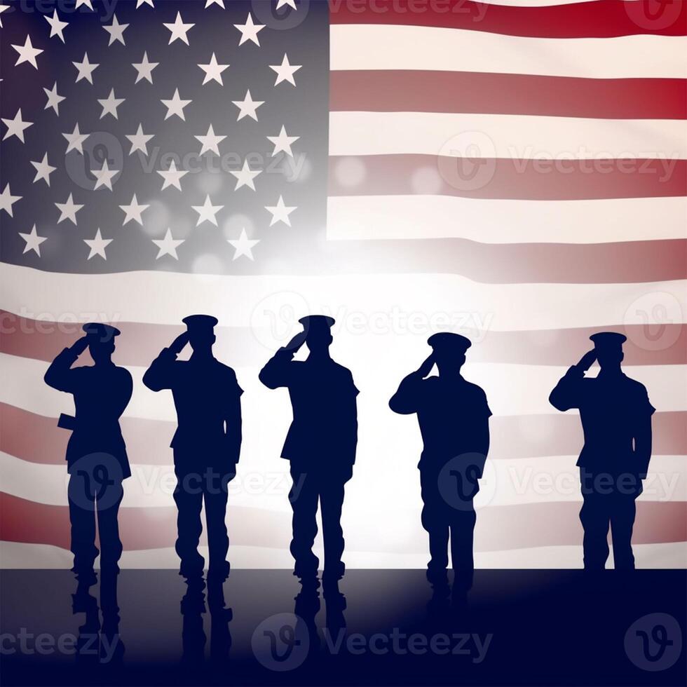 Soldier and USA flag background .Concept National holidays, Flag Day, Veterans Day, Memorial day, Independence Day, Patriot Day. photo