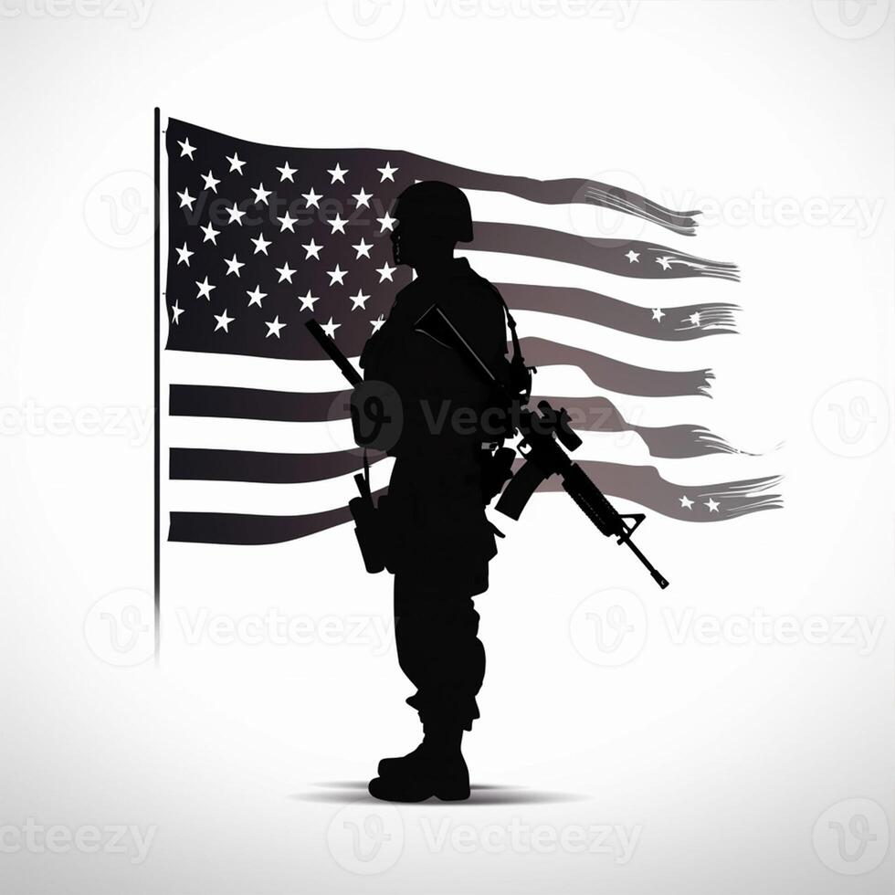 USA soldier silhouette with american flag silhouette in background for veterans day 11th November. photo