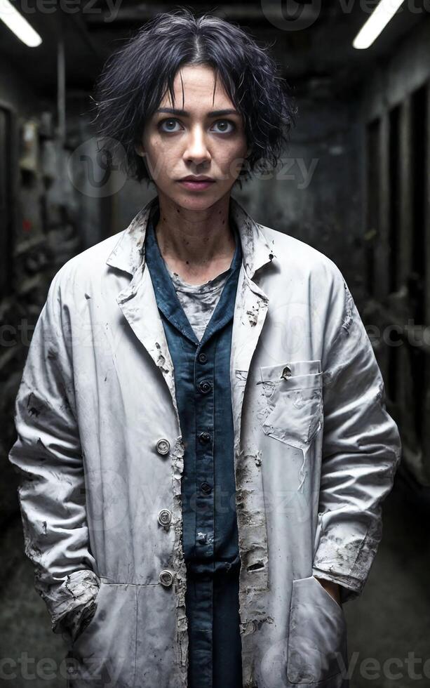 scientist researcher wearing ripped lab coat at laboratory, photo