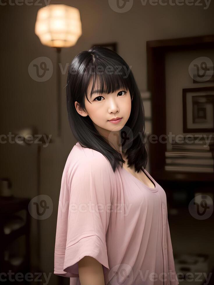 beautiful middle aged asian woman posting for picture at apartment house, generative art by A.I. photo