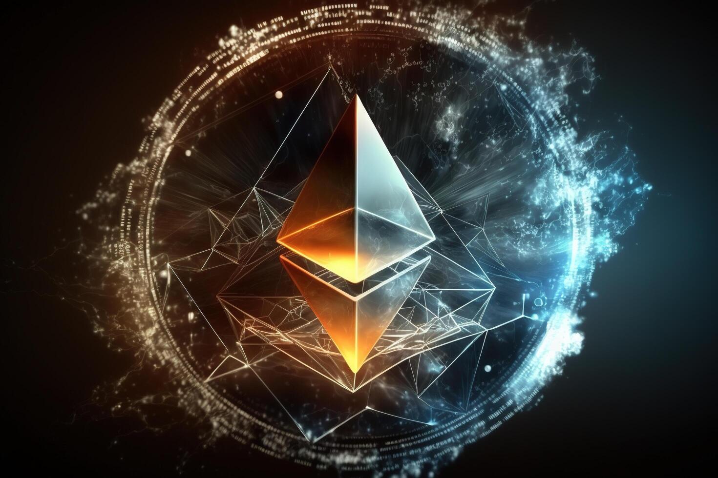 ethereum coin symbol with blue light background network connection by photo