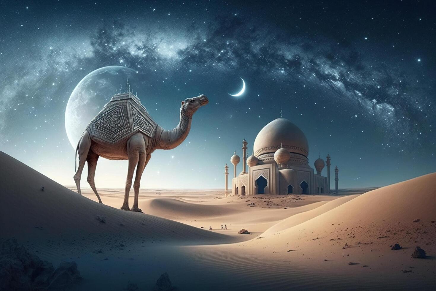 islamic background with camel, milky way and moon ornament. . photo