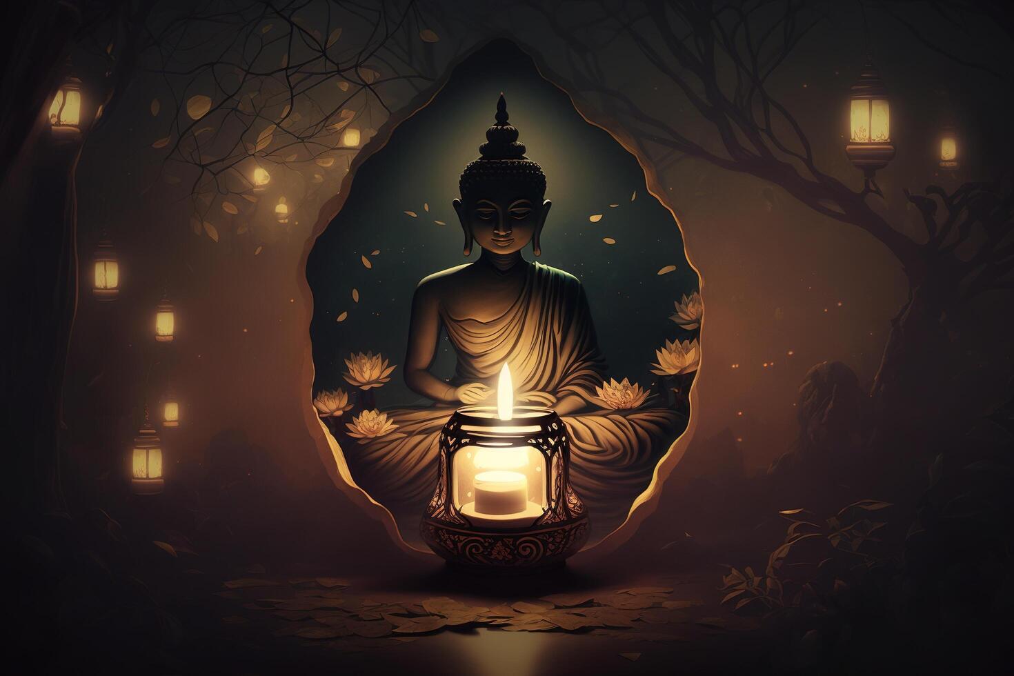 gautama buddha vesak background with candle and lotus. . photo