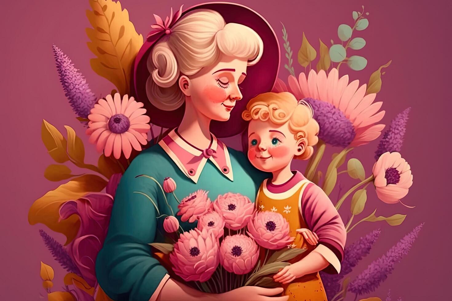 illustration of mother's day hugging her child photo