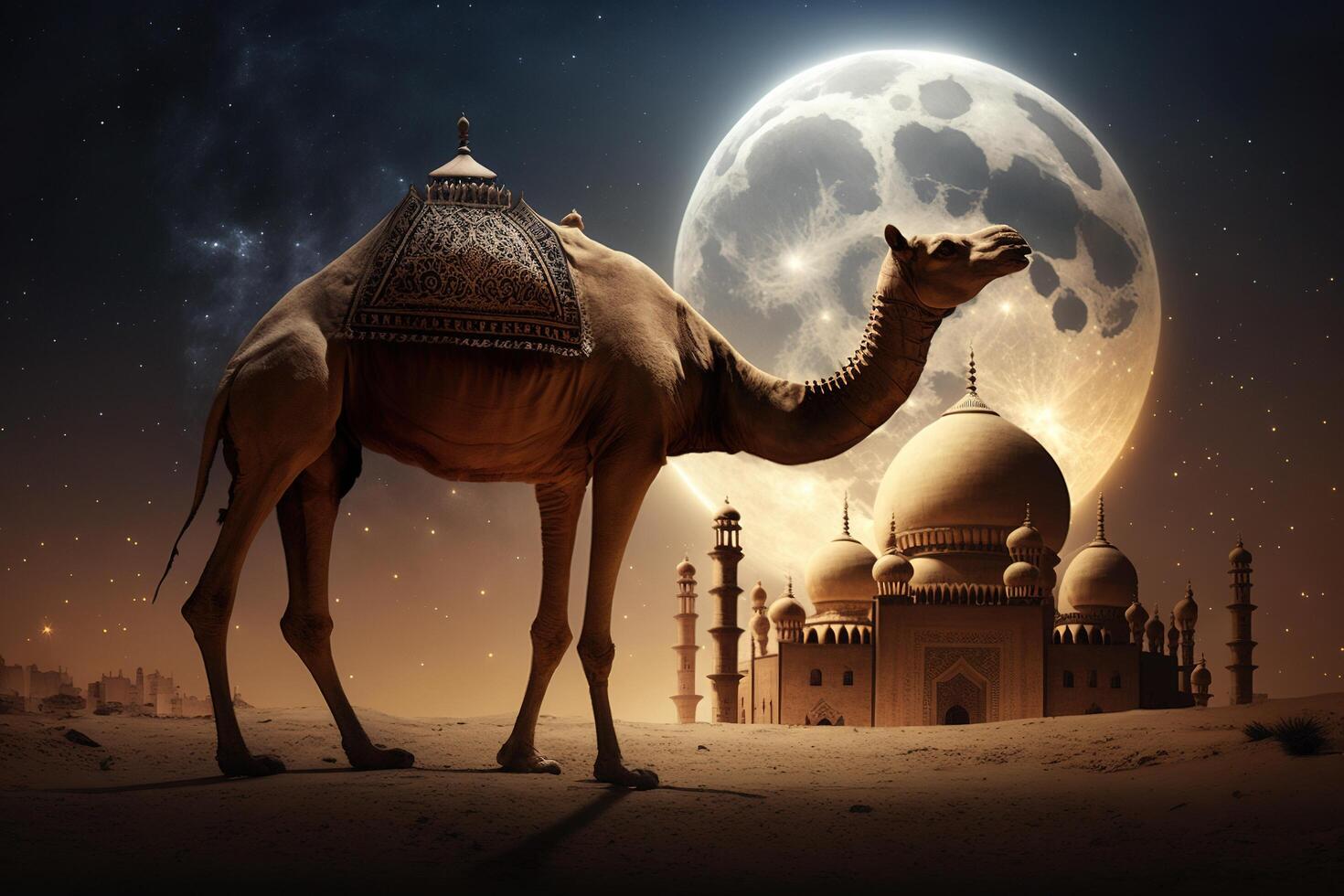 islamic background with camel, milky way and moon ornament. . photo