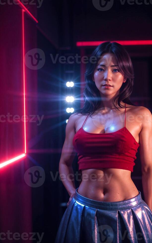 beautiful strong woman in dark room with red and blue light, photo