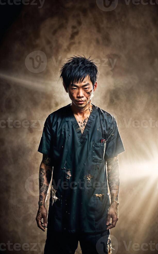 Poor homeless people in dirty cloth at dark and dirty messy place, photo