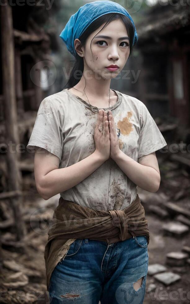 poor asian woman sawasdee raises hands together in a prayer pose , photo