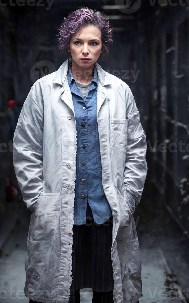 scientist researcher wearing ripped lab coat at laboratory, photo