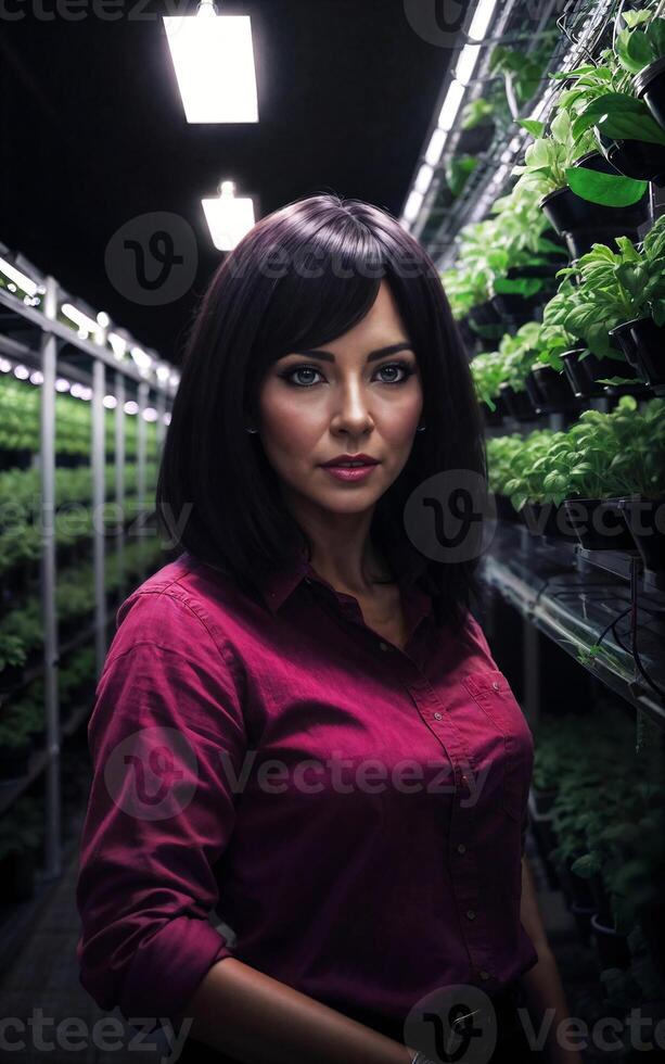 beautiful woman at LED vertical farming plant, photo